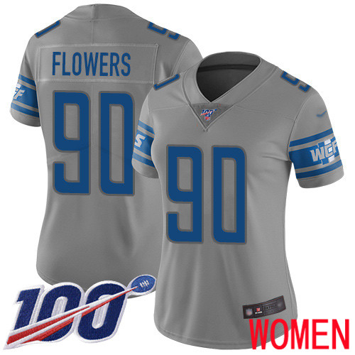 Detroit Lions Limited Gray Women Trey Flowers Jersey NFL Football #90 100th Season Inverted Legend->detroit lions->NFL Jersey